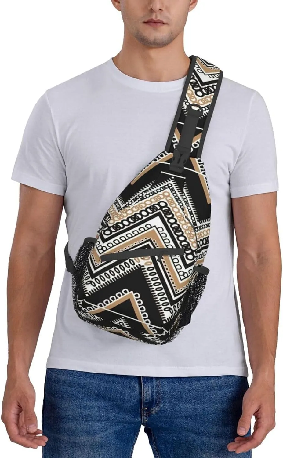 Black White Tan Zigzag Sling Bag Crossbody Backpack Sling Backpack Shoulder Bag For Women Men Cycling Hiking Travel