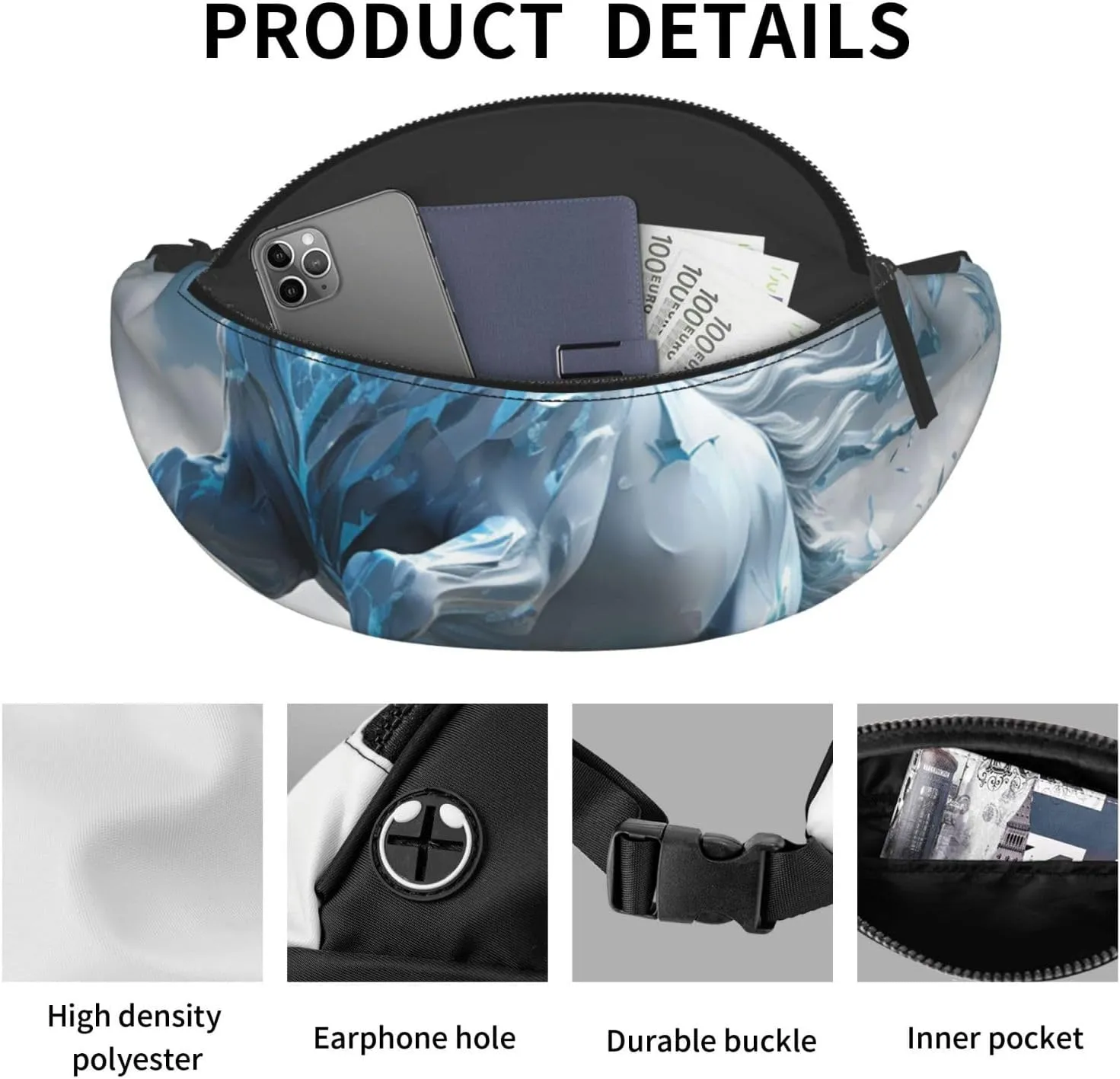 Blue Ice Horse Fanny Pack for Women Men Waist Bag Waterproof Belt Bag with Adjustable Strap