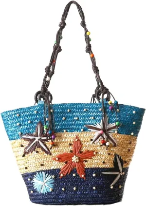 Blue Island Shore Starfish Rattan Straw Tote Beach Bag, Blue Multi