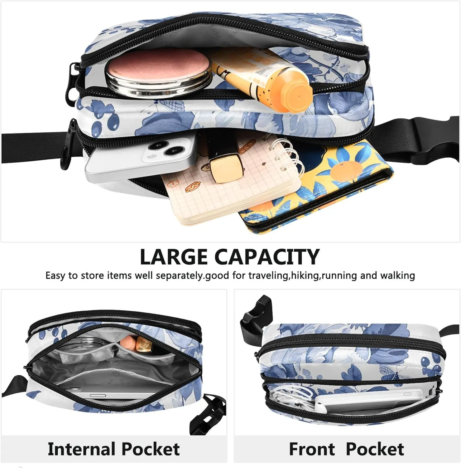 Blue White Floral Women Fanny Pack Waterproof Hip Pack Belt Bag Cartoon Waist Pouches for Men
