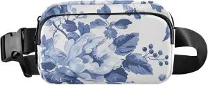Blue White Floral Women Fanny Pack Waterproof Hip Pack Belt Bag Cartoon Waist Pouches for Men