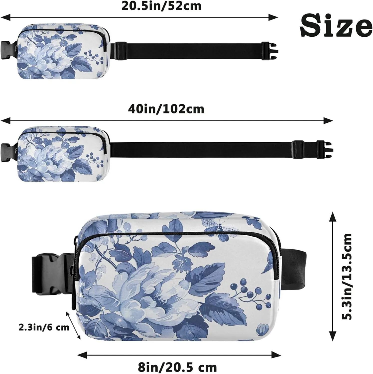 Blue White Floral Women Fanny Pack Waterproof Hip Pack Belt Bag Cartoon Waist Pouches for Men