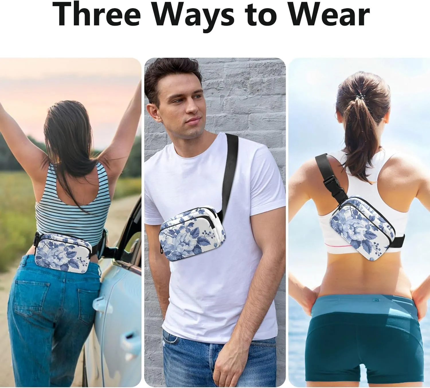 Blue White Floral Women Fanny Pack Waterproof Hip Pack Belt Bag Cartoon Waist Pouches for Men