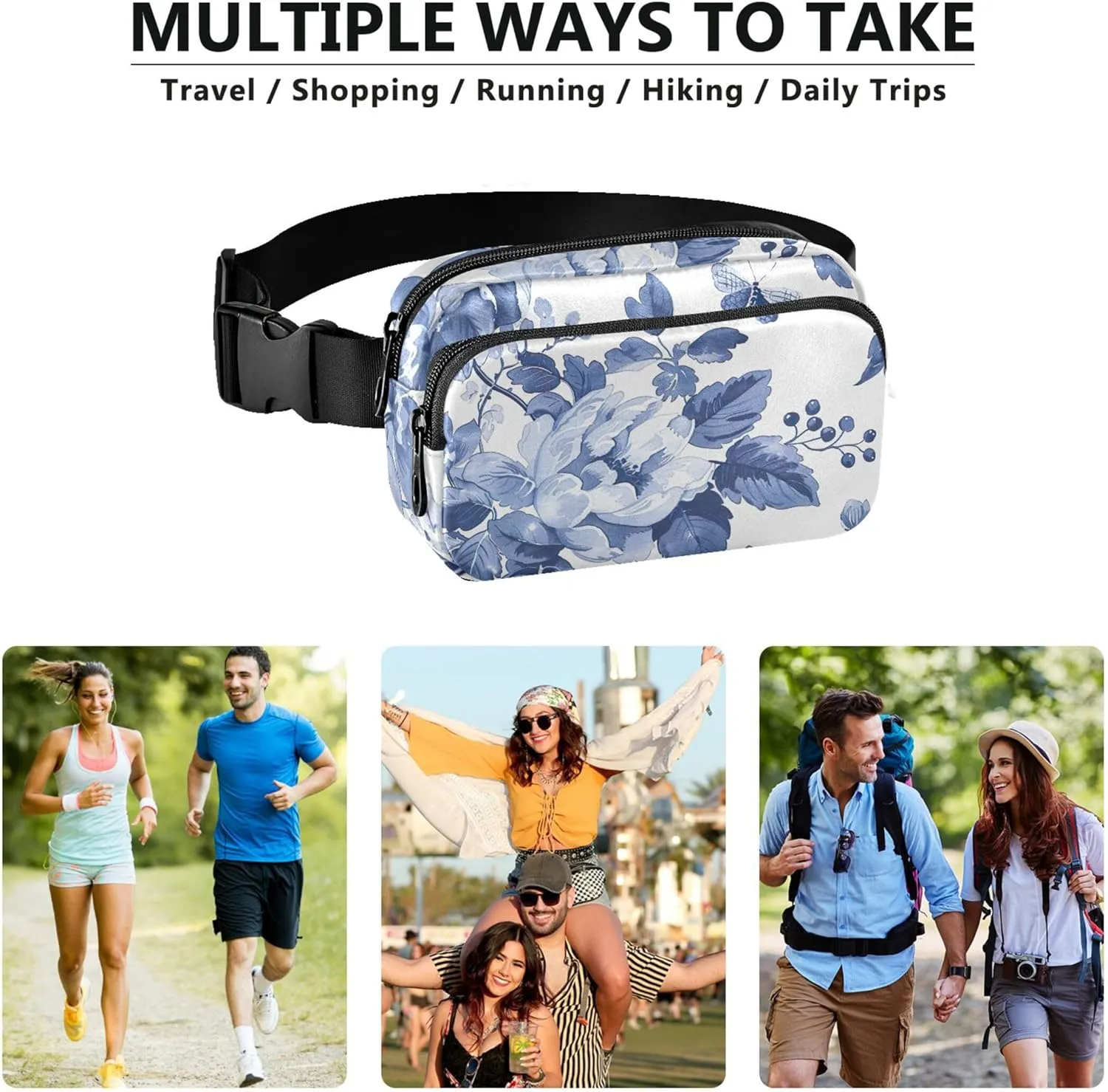 Blue White Floral Women Fanny Pack Waterproof Hip Pack Belt Bag Cartoon Waist Pouches for Men