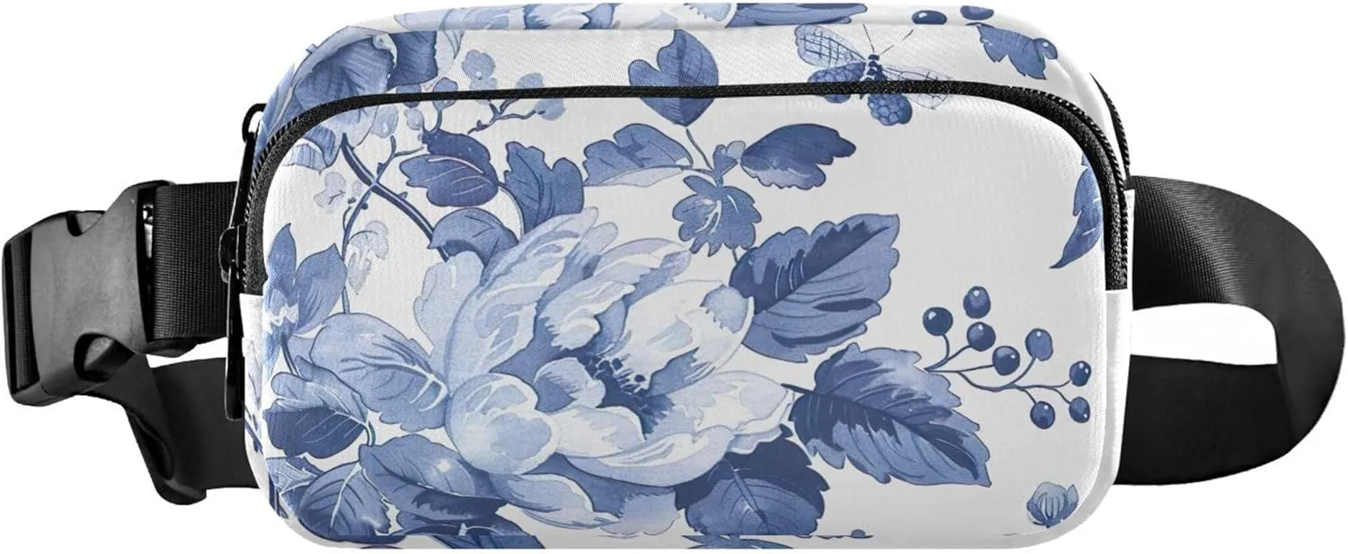 Blue White Floral Women Fanny Pack Waterproof Hip Pack Belt Bag Cartoon Waist Pouches for Men
