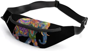 Boho Painted Elephant Crossbody Fanny Pack Waist Packs Adjustable Shoulder Bags Sling Bag for Hiking Running Cycling