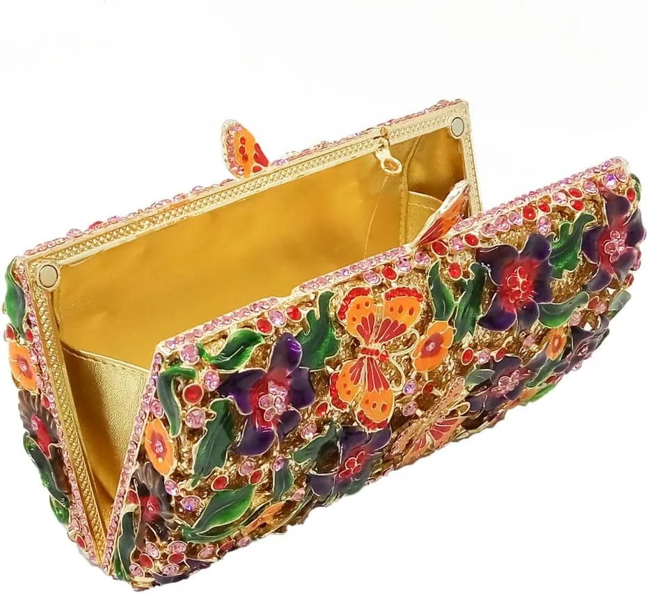 Boutique De FGG Flowers & Butterfly Women Crystal Clutch Evening Bag Wedding Party Rhinestone Handbags