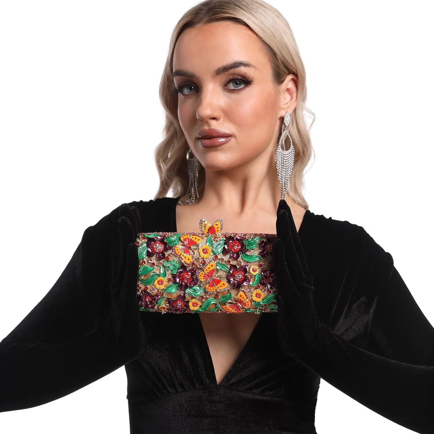 Boutique De FGG Flowers & Butterfly Women Crystal Clutch Evening Bag Wedding Party Rhinestone Handbags