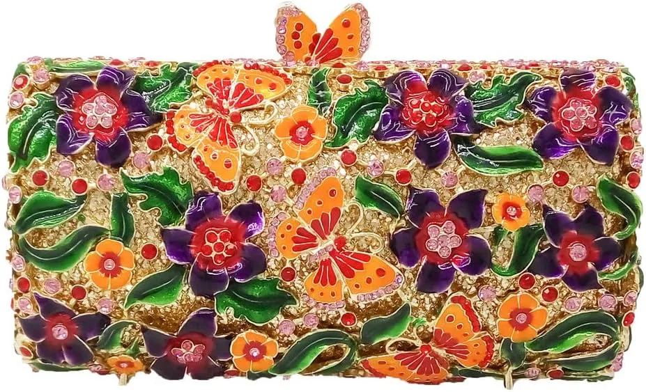 Boutique De FGG Flowers & Butterfly Women Crystal Clutch Evening Bag Wedding Party Rhinestone Handbags