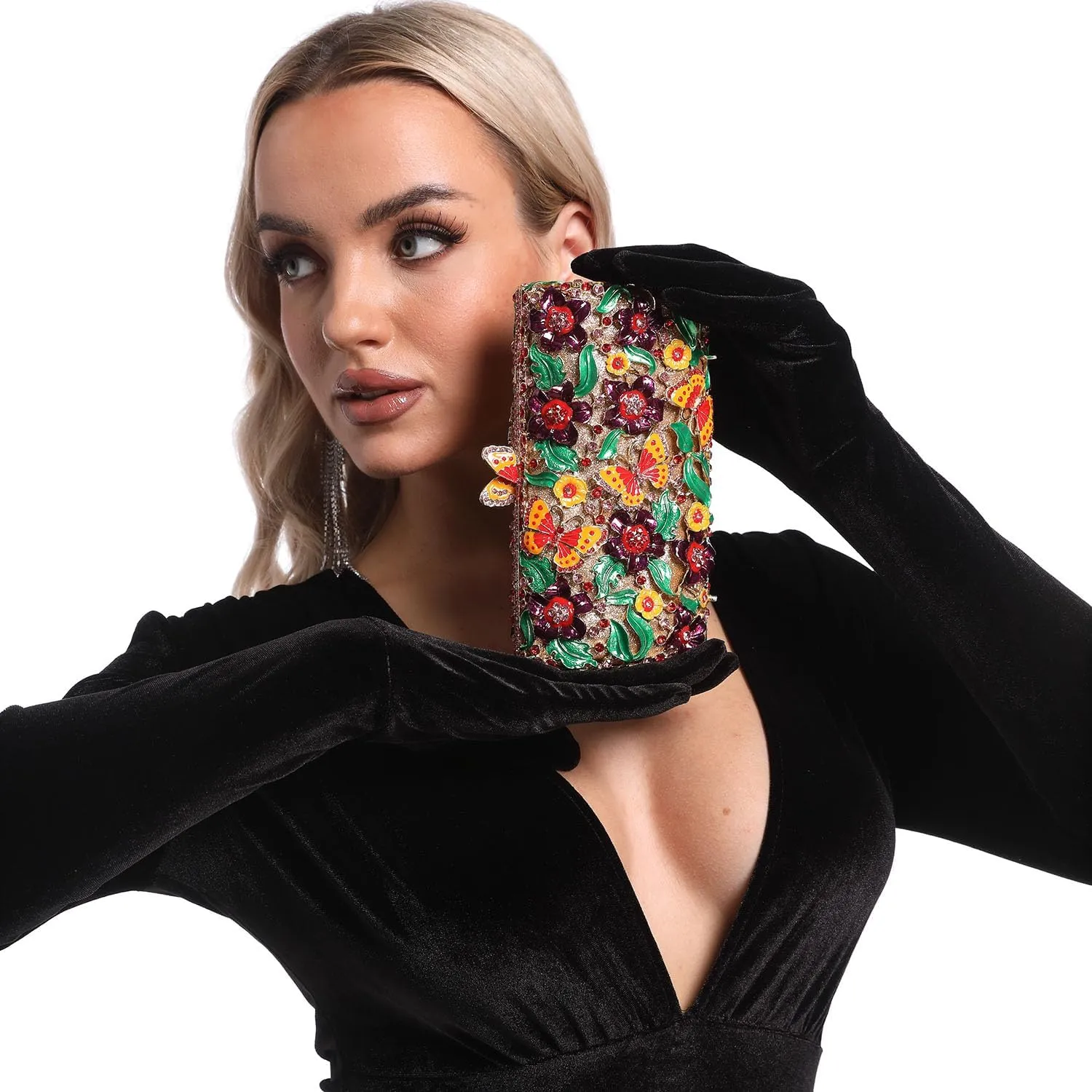 Boutique De FGG Flowers & Butterfly Women Crystal Clutch Evening Bag Wedding Party Rhinestone Handbags