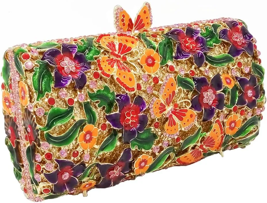 Boutique De FGG Flowers & Butterfly Women Crystal Clutch Evening Bag Wedding Party Rhinestone Handbags
