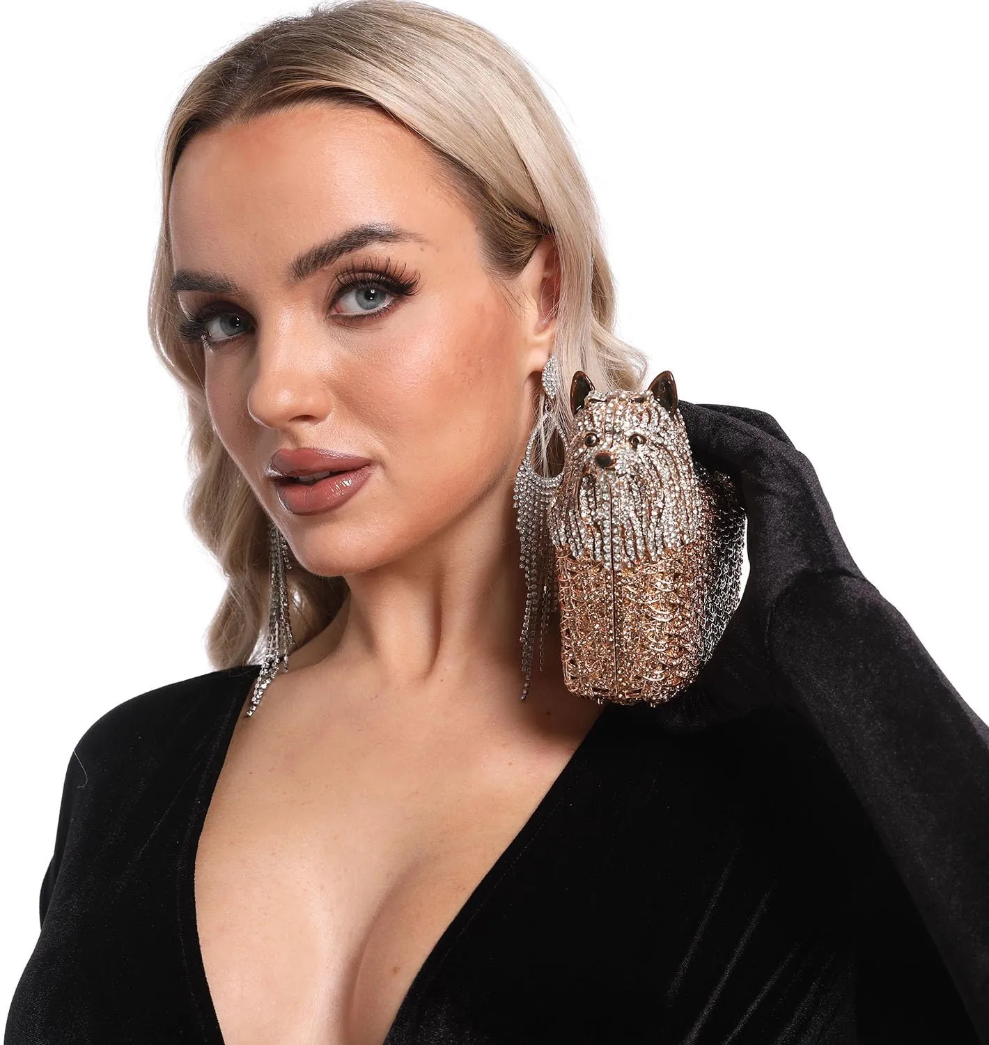 Boutique De FGG Puppy Evening Bags and Clutches for Women Formal Party Poodle Dog Crystal Clutch Purse Wedding Handbag
