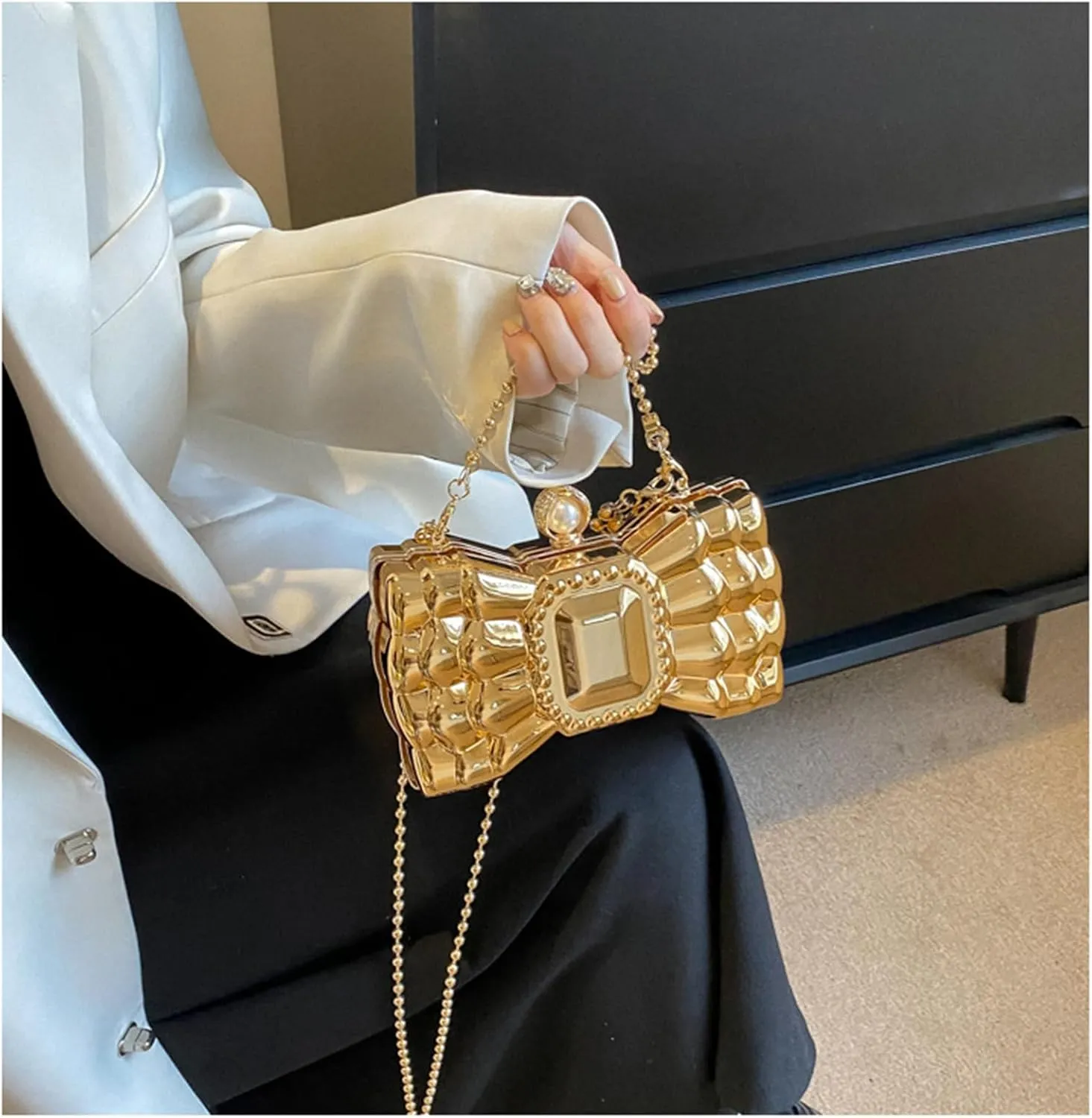 Bow Purse for Women Mini Bow Clutch Purse Crossbody Cute Clutch Y2k Bow Metallic Small Wedding Party Rhinstone Handbag