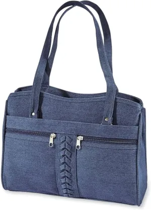 Braided Trim Denim Bag, Soft Jean Handbag for Women, Casual Purse with Multiple Pockets, Crossbody Shoulder Strap, Two Top Handles