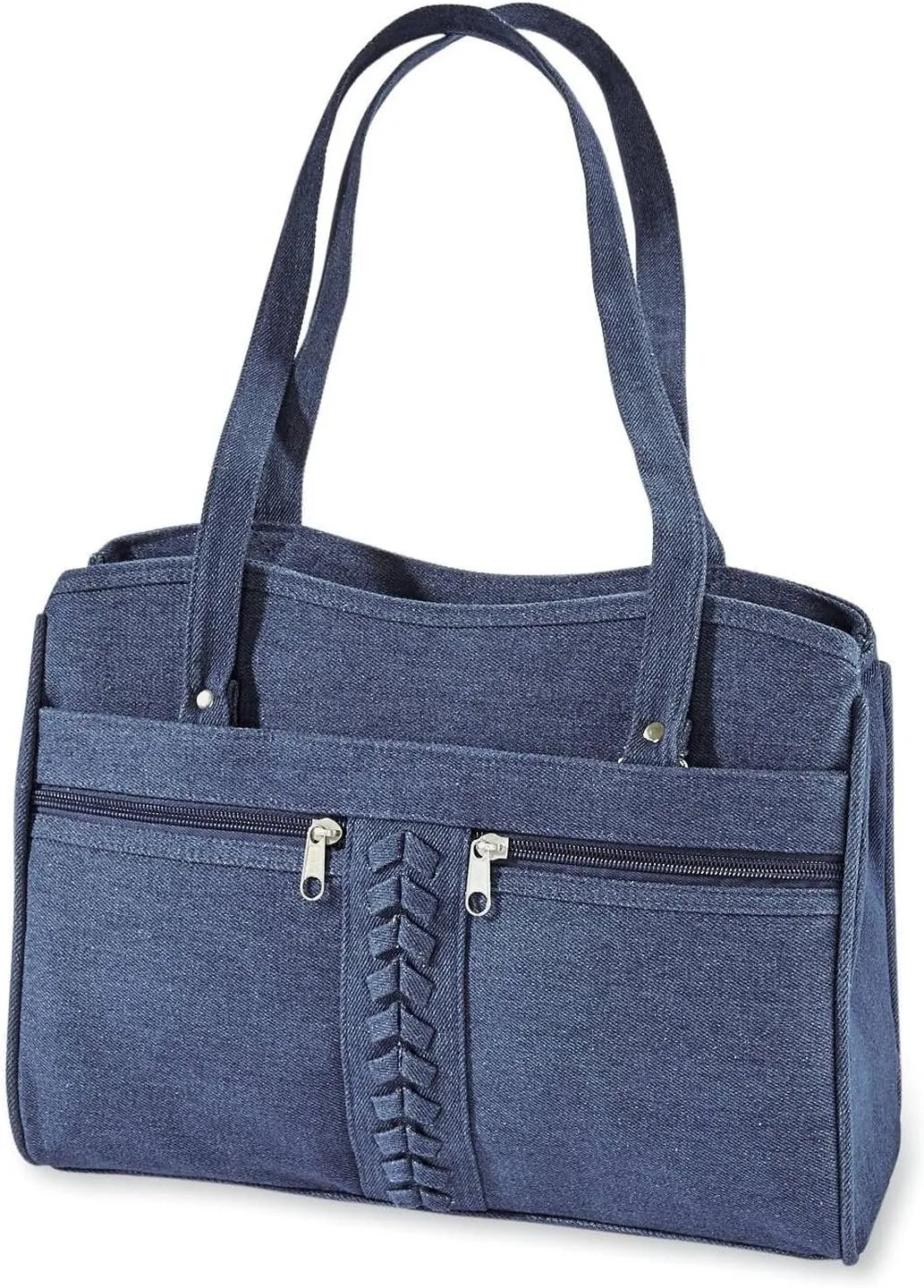 Braided Trim Denim Bag, Soft Jean Handbag for Women, Casual Purse with Multiple Pockets, Crossbody Shoulder Strap, Two Top Handles
