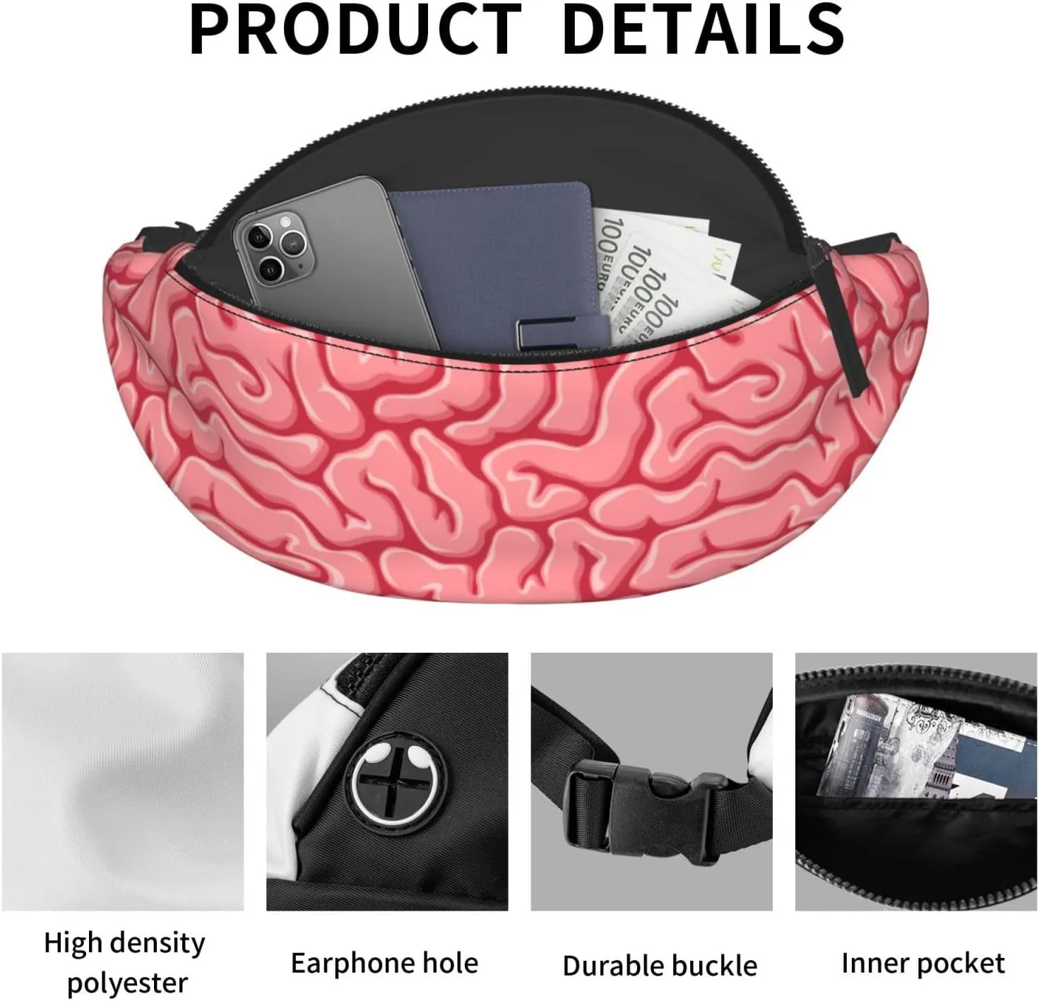 Brain Pattern Fanny Pack, Pink Waist Bag with Adjustable Strap, Novelty Design
