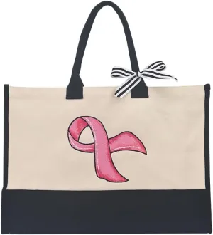 Breast Cancer Awareness Funny Canvas Tote Bag - Large, Black and Beige, Adult, Unisex, Grocery, Women, Breast Cancer Awareness Supporters