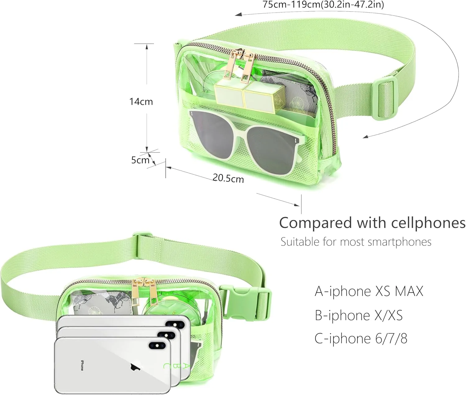 Brilliant Green Clear Belt Bag Fanny Pack Stadium Approved Crossbody Waist Bag for Women Men with Adjustable Strap for Concerts Sports Travelling Hiking Running