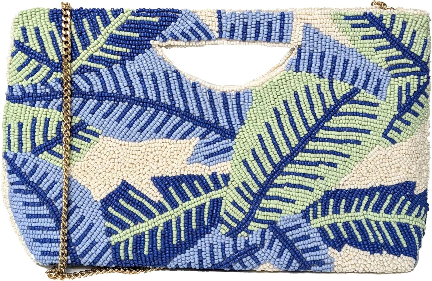 BTC Beaded Half Moon Clutch, Tropical Leaf Pattern, Blue and Mint with Chain Strap