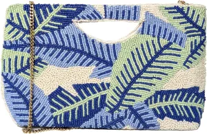 BTC Beaded Half Moon Clutch, Tropical Leaf Pattern, Blue and Mint with Chain Strap
