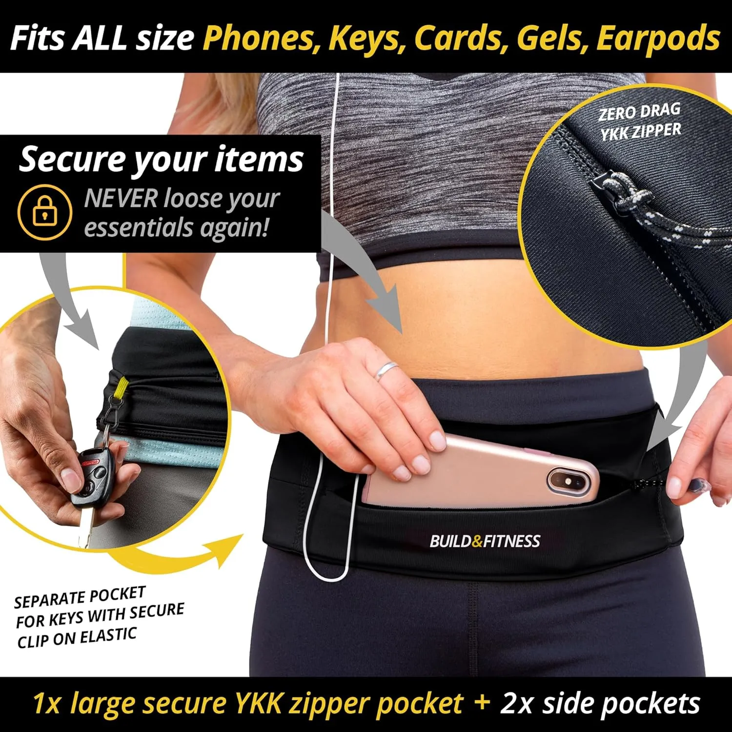 BUILD & FITNESS Zipper Running Belt – Adjustable Waist Pack, Slim, Light, YKK Zip, Secure Key Clip – Fits ALL Cell Phones, Keys, Cards, GU's – For Men & Women – Fitness, Run, Jog, Gym, Cycle, Hiking