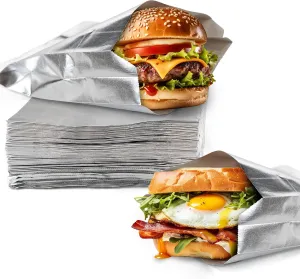 Burger Bags - 100ct Tin Foil Sandwich Wrapping Paper Hamburger Holders - Keep Sandwich Warm Cheeseburger Holder