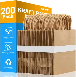 BURVAGY 200Pcs Kraft Paper Bags 5.25x3.25x8.25 Inches Small Paper Gift Bags with Handles Bulk Grocery Retail Party Favor Shopping Bags (Brown)