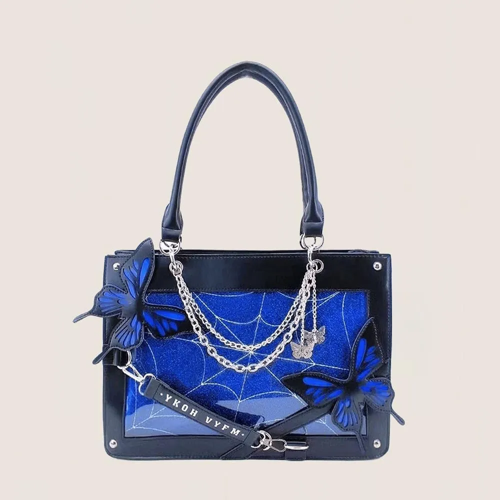 Butterfly Handbag, Large Capacity Square Handbag, Gothic Spider Web Black Series Leather Bag