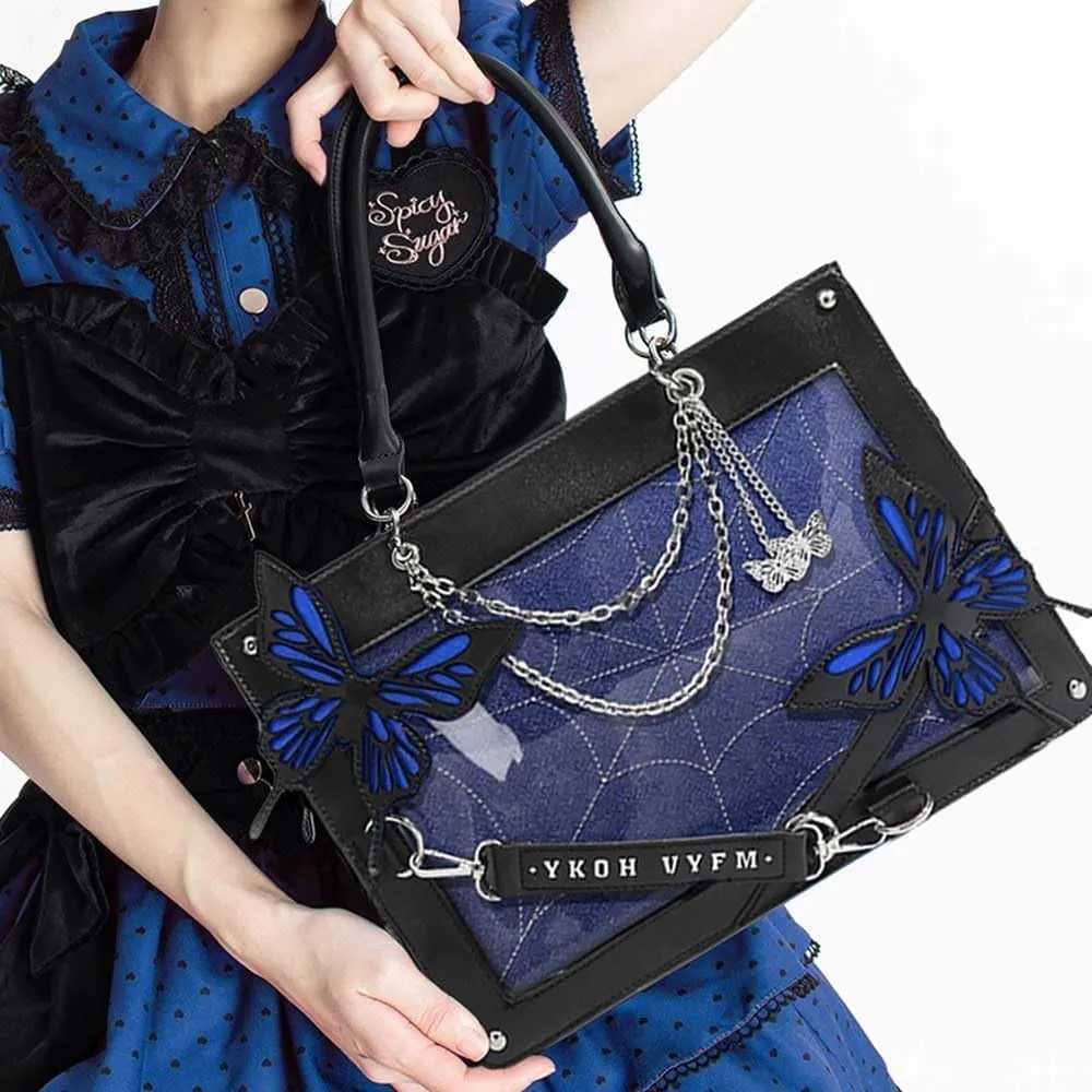 Butterfly Handbag, Large Capacity Square Handbag, Gothic Spider Web Black Series Leather Bag