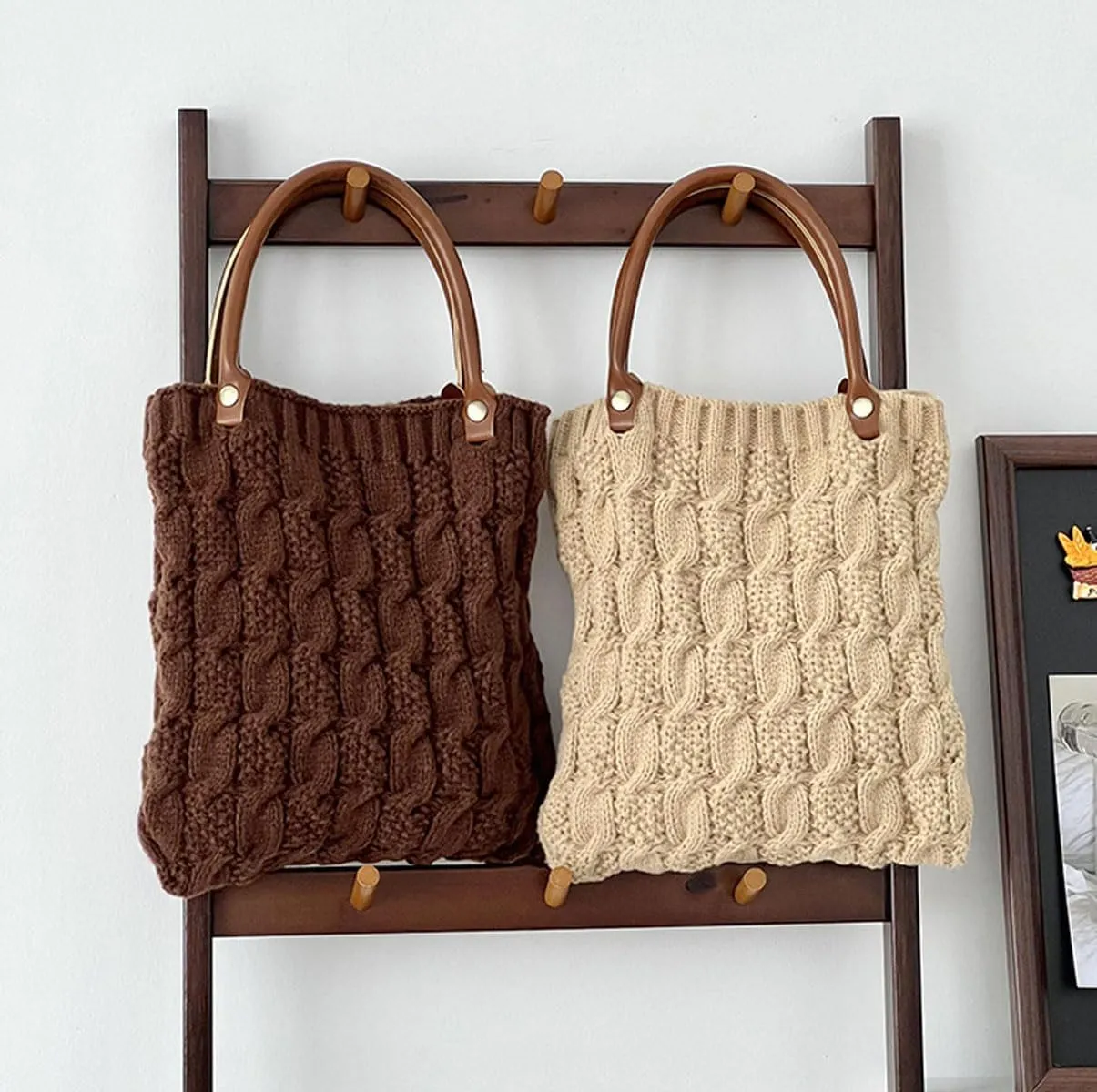 Cable Knit Crochet Tote Bag for Women Leather Top Handle Solid Color Small Hand Bags Clutch Purse, Brown