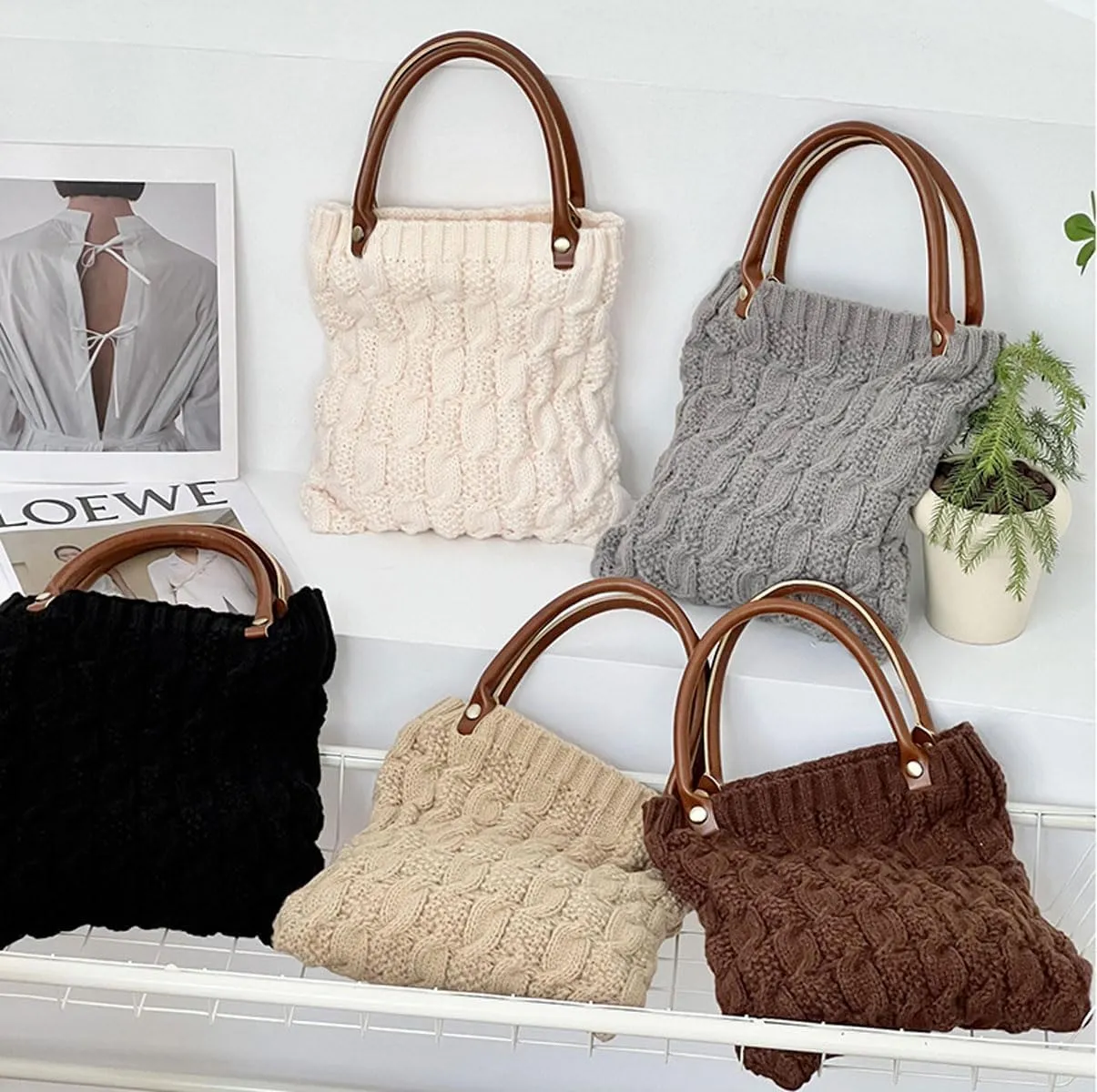 Cable Knit Crochet Tote Bag for Women Leather Top Handle Solid Color Small Hand Bags Clutch Purse, Brown
