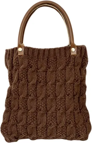Cable Knit Crochet Tote Bag for Women Leather Top Handle Solid Color Small Hand Bags Clutch Purse, Brown