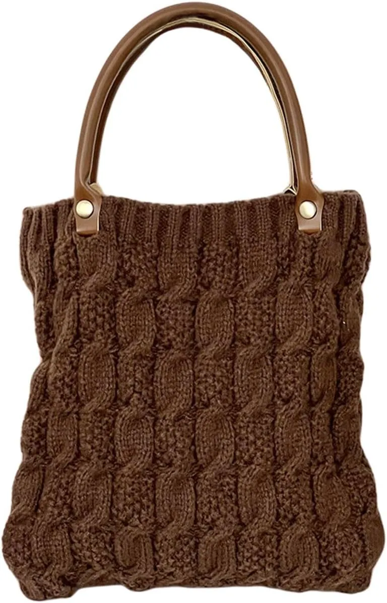 Cable Knit Crochet Tote Bag for Women Leather Top Handle Solid Color Small Hand Bags Clutch Purse, Brown