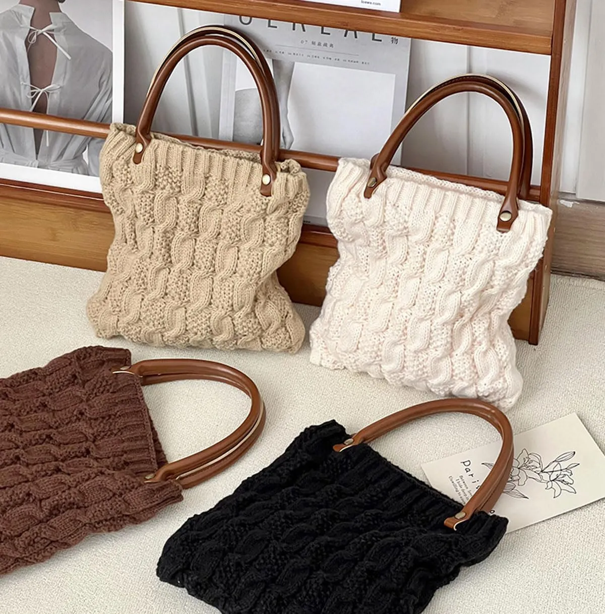 Cable Knit Crochet Tote Bag for Women Leather Top Handle Solid Color Small Hand Bags Clutch Purse, Brown