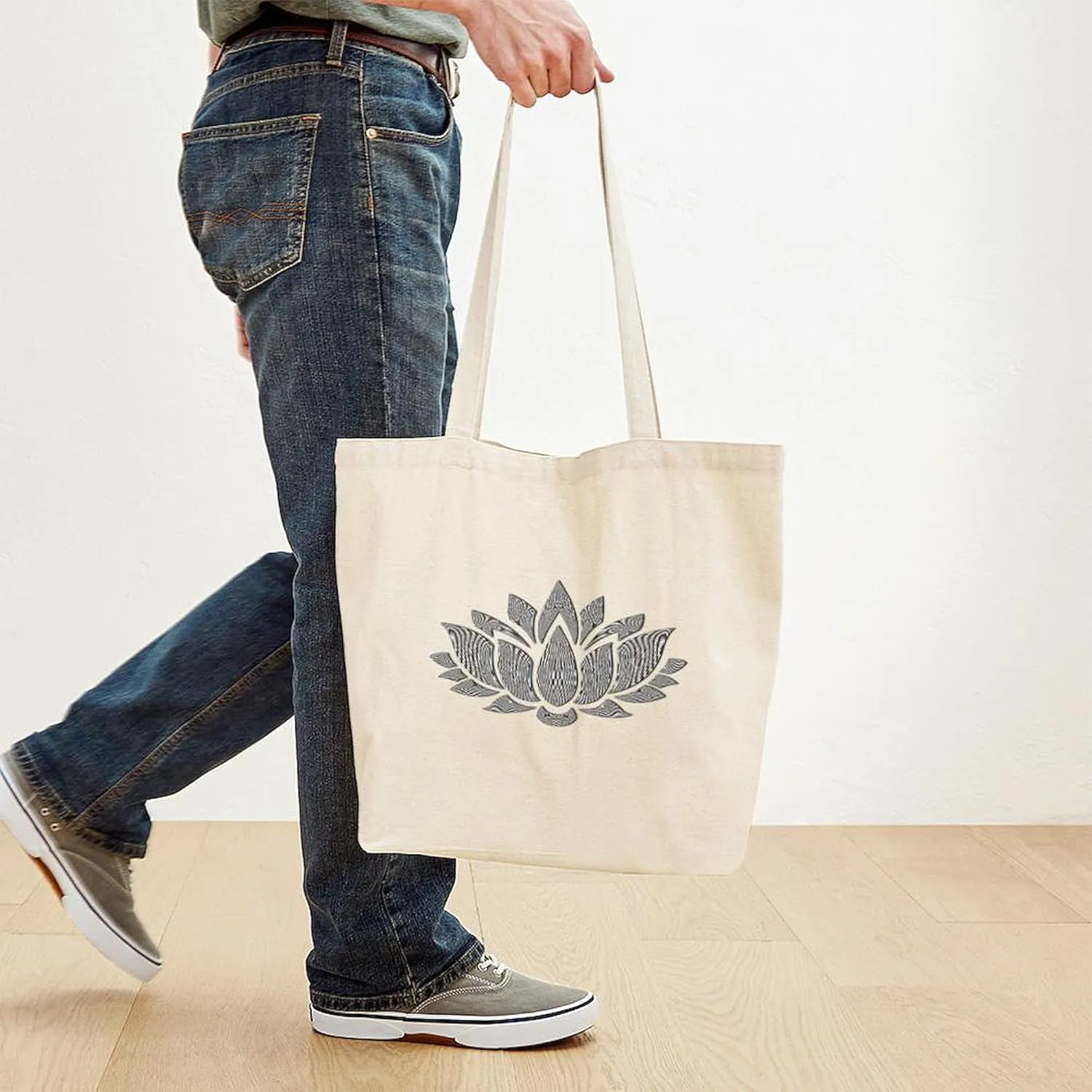 CafePress Black And White Lotus Tote Bag Reusable Natural Beige Canvas Shopping Bag