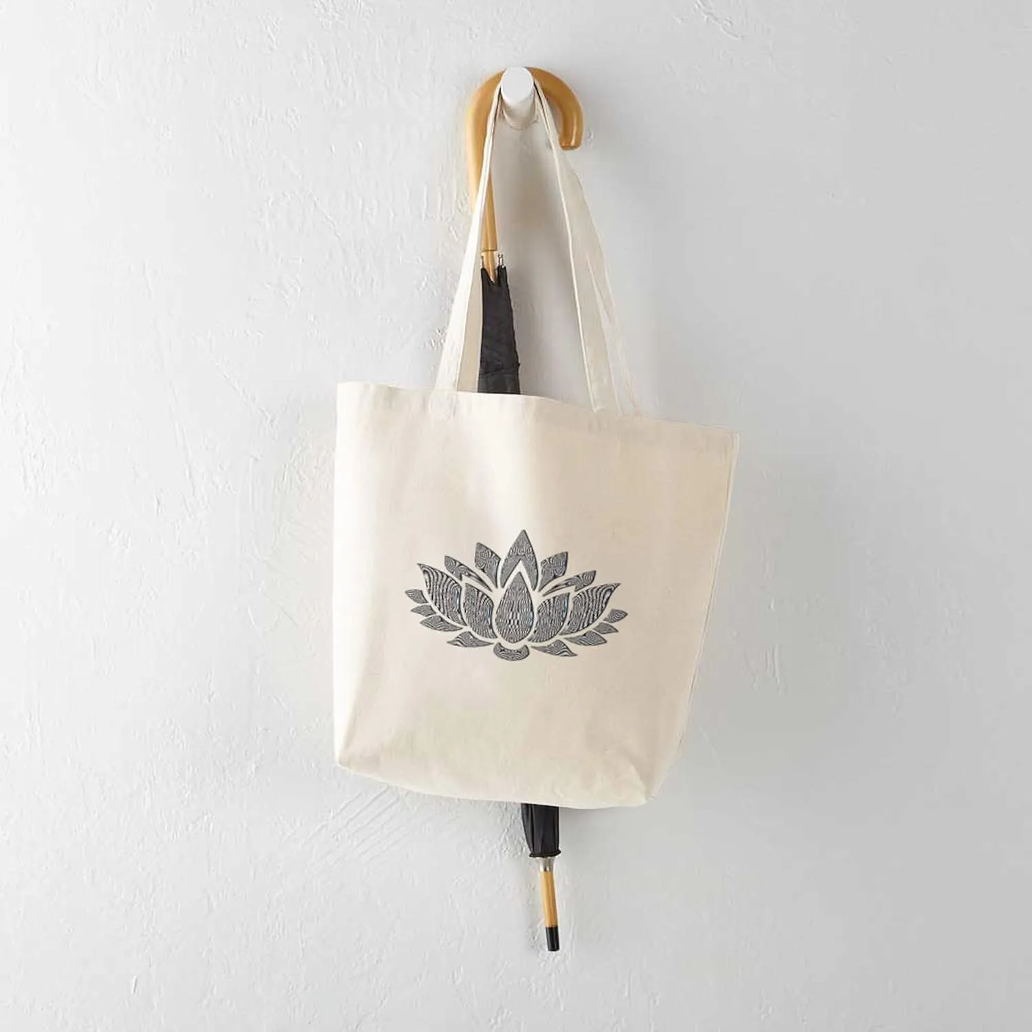 CafePress Black And White Lotus Tote Bag Reusable Natural Beige Canvas Shopping Bag