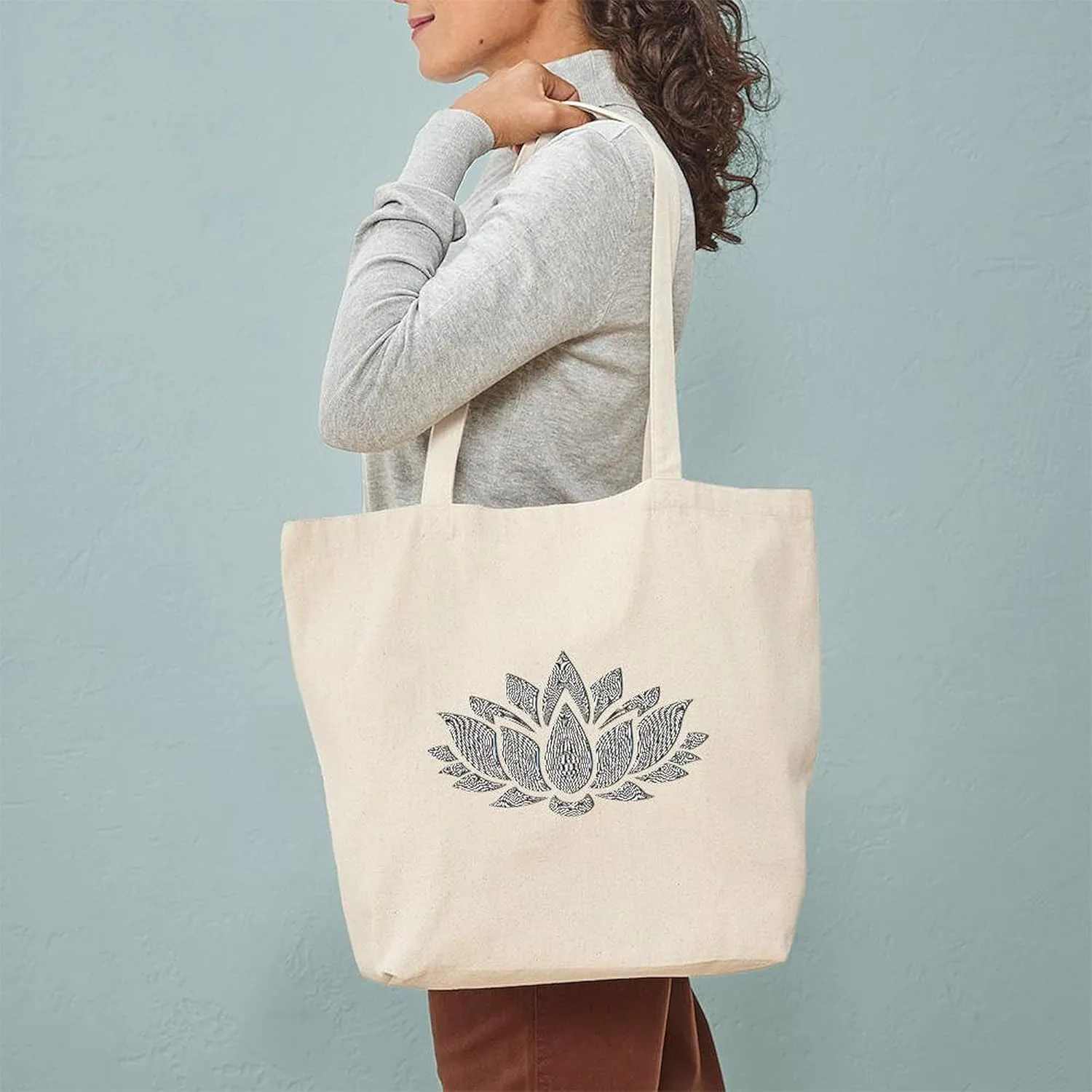 CafePress Black And White Lotus Tote Bag Reusable Natural Beige Canvas Shopping Bag