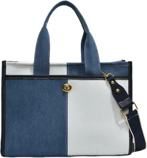 Canvas Denim Tote Bag for Women, Two Tone Splicing, Leather Accents, Medium