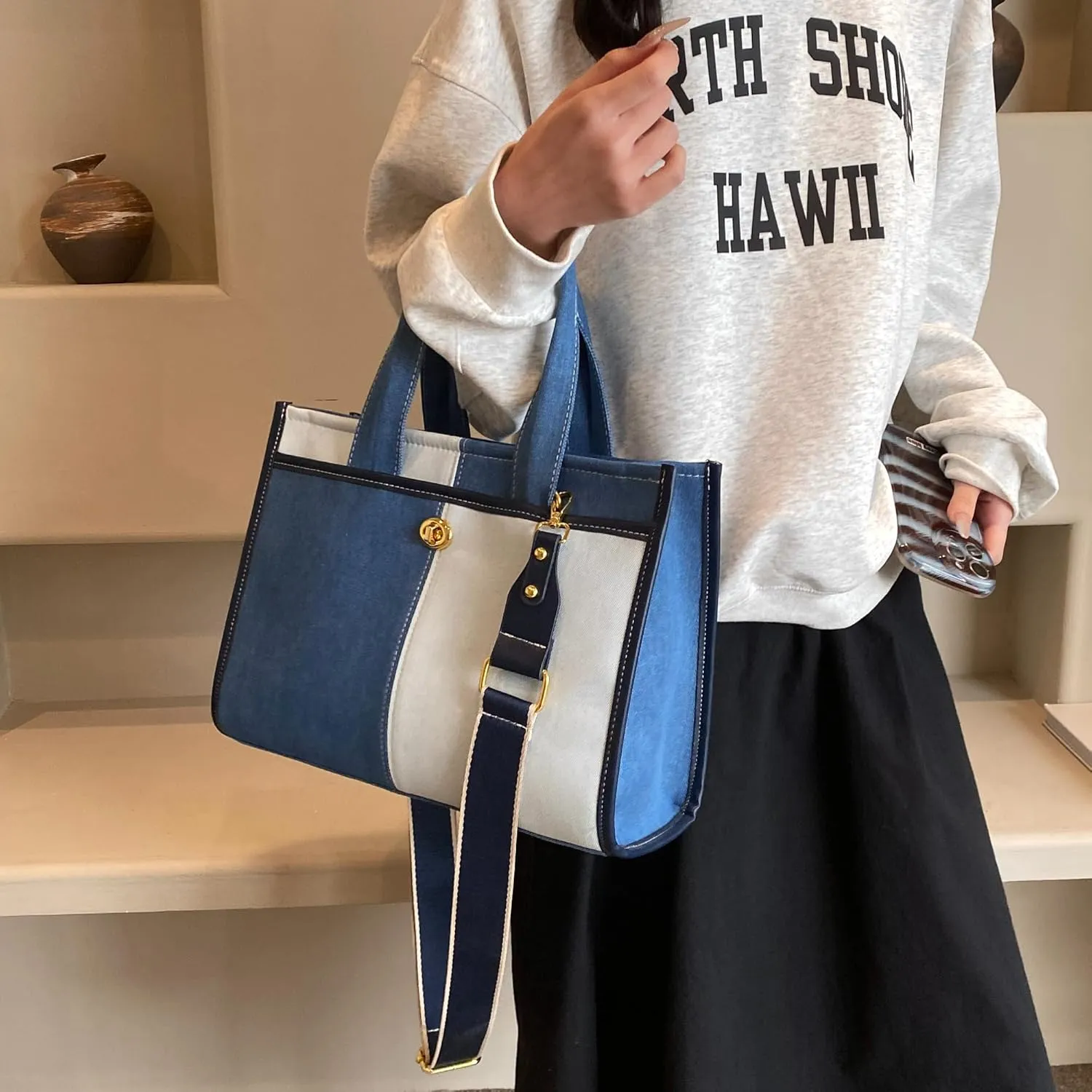 Canvas Denim Tote Bag for Women, Two Tone Splicing, Leather Accents, Medium