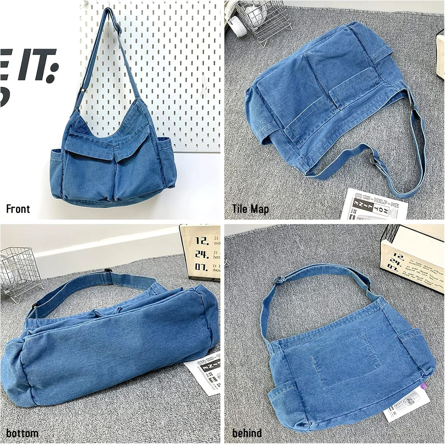 Canvas Messenger Bag Large Crossbody Bag Hobo Shoulder Handbags Multi Pocket Denim Tote Bag for Women and Men