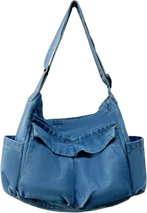 Canvas Messenger Bag Large Crossbody Bag Hobo Shoulder Handbags Multi Pocket Denim Tote Bag for Women and Men