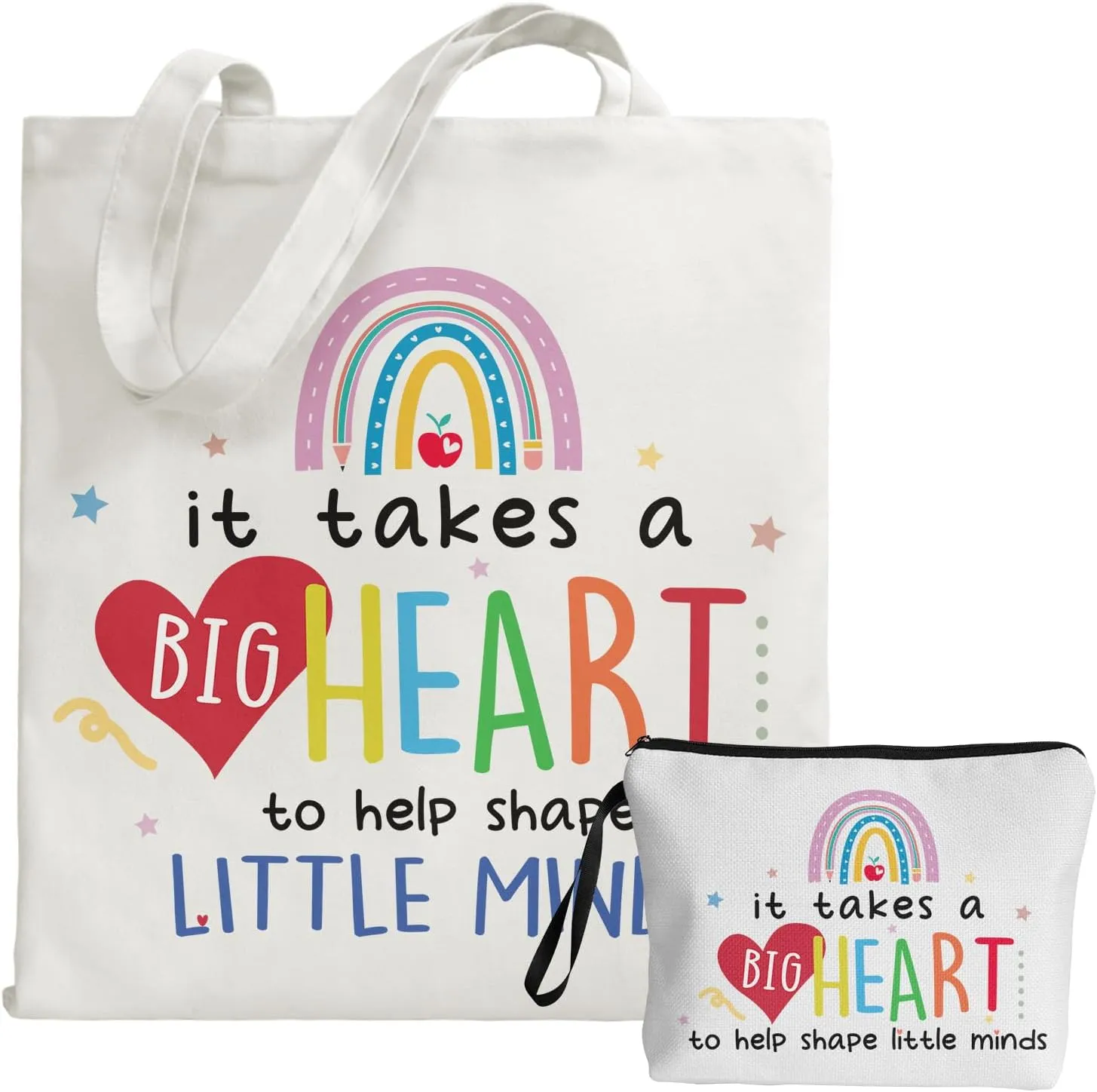 Canvas Tote Bag with Makeup Bag for Women Teacher, Best 2025 Teacher Gifts for Thanksgiving Birthday,Teacher Appreciation Day,It Takes a Big Heart to Shape Little Minds