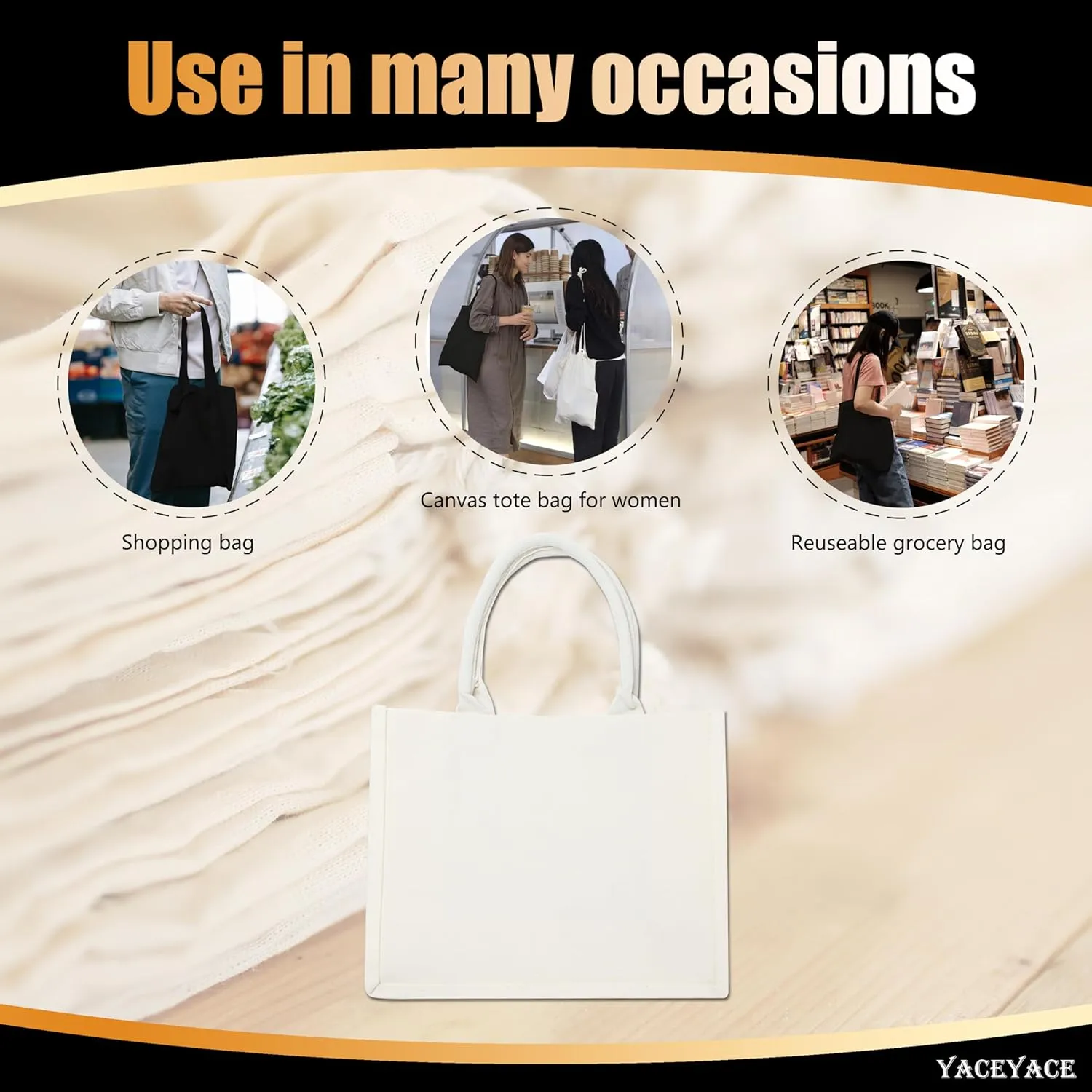 Canvas Tote Bags for Travel, Work & Beach - 14.5"x6"x10" Reusable Grocery Bags - Plain & DIY, Bulk Pack of 1