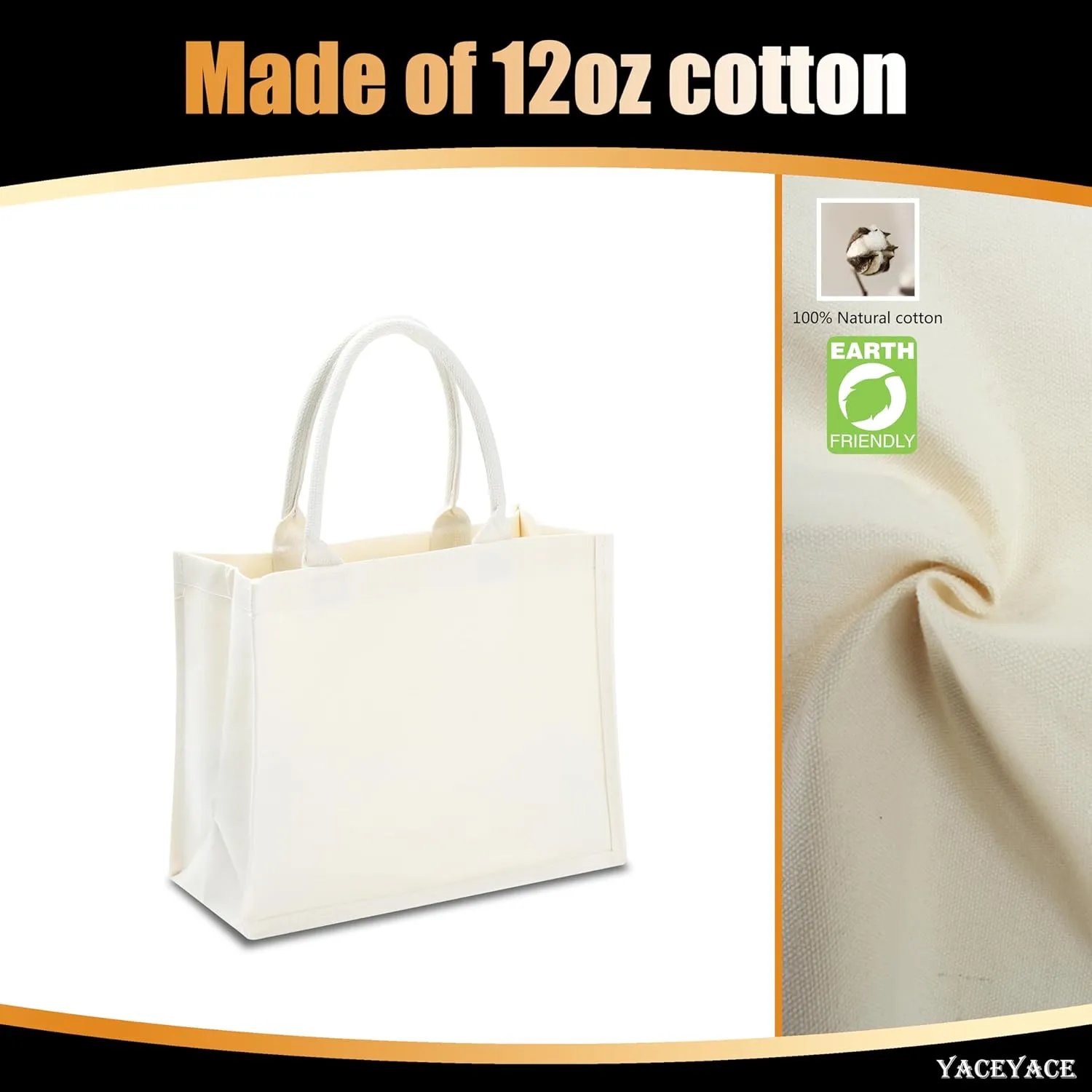 Canvas Tote Bags for Travel, Work & Beach - 14.5"x6"x10" Reusable Grocery Bags - Plain & DIY, Bulk Pack of 1