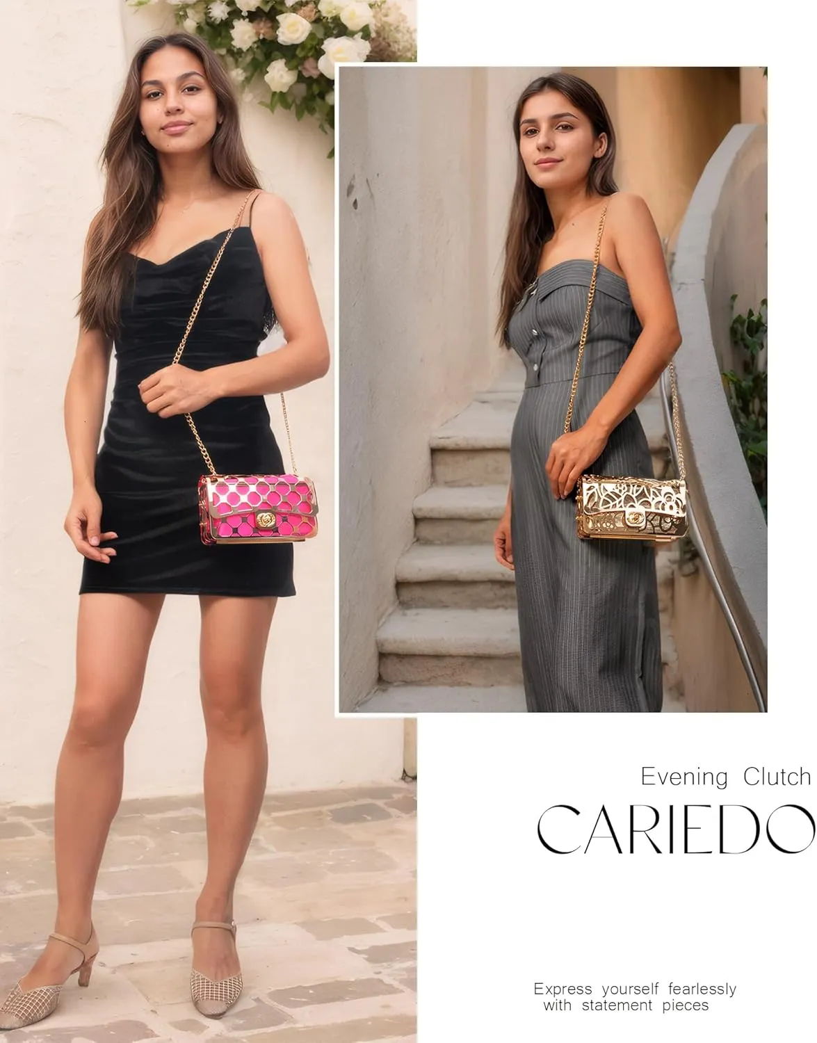 CARIEDO Women Evening Bag Elegant Clutch Purse Exquisite Velvet Metal Hollow out Handbags Prom Wedding Party (black)