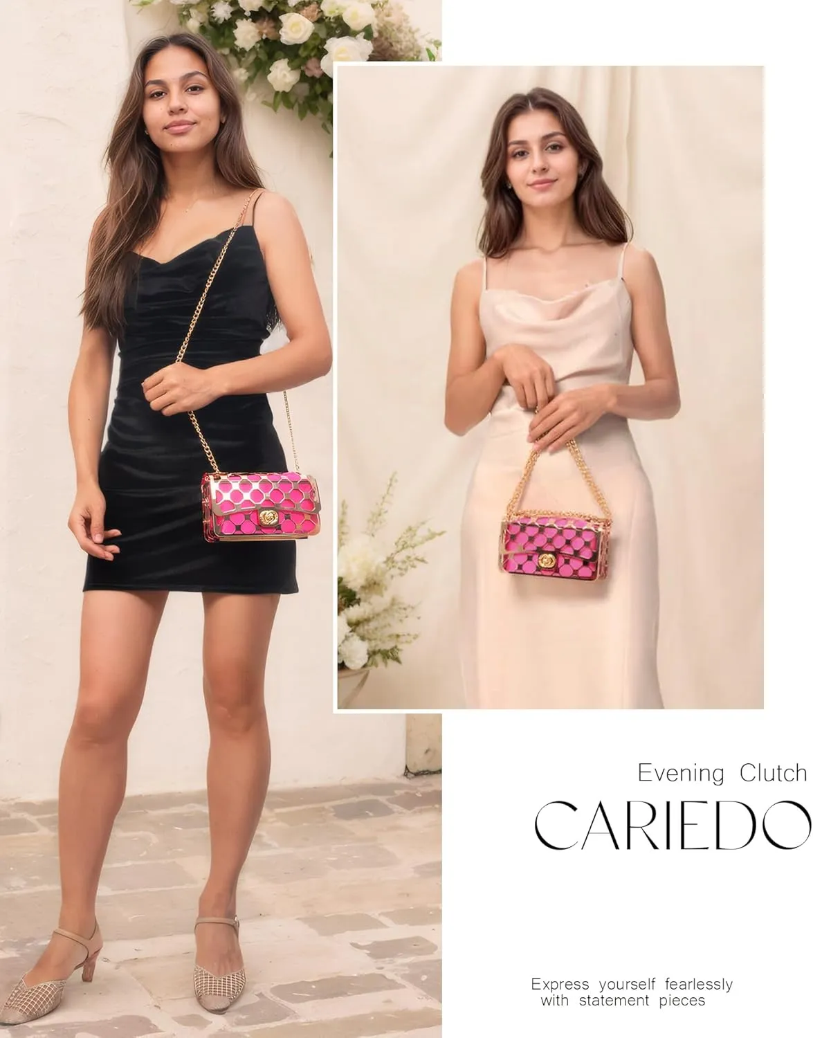 CARIEDO Women Evening Bag Elegant Clutch Purse Exquisite Velvet Metal Hollow out Handbags Prom Wedding Party (black)