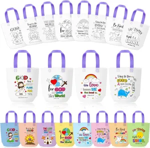 Cartoon Coloring Goodie Bags for Kids - 24Pcs Religious Theme Bulk Color Your Own Gift Bags with Handle Christian Bible Reusable Non Woven Coloring Tote Packet for DIY Crafts Painting Party Favors