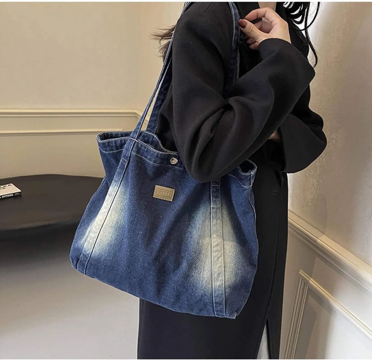 Casual Denim Shoulder Bag for Women, New Jean Hobo Tote Bag with Zipper