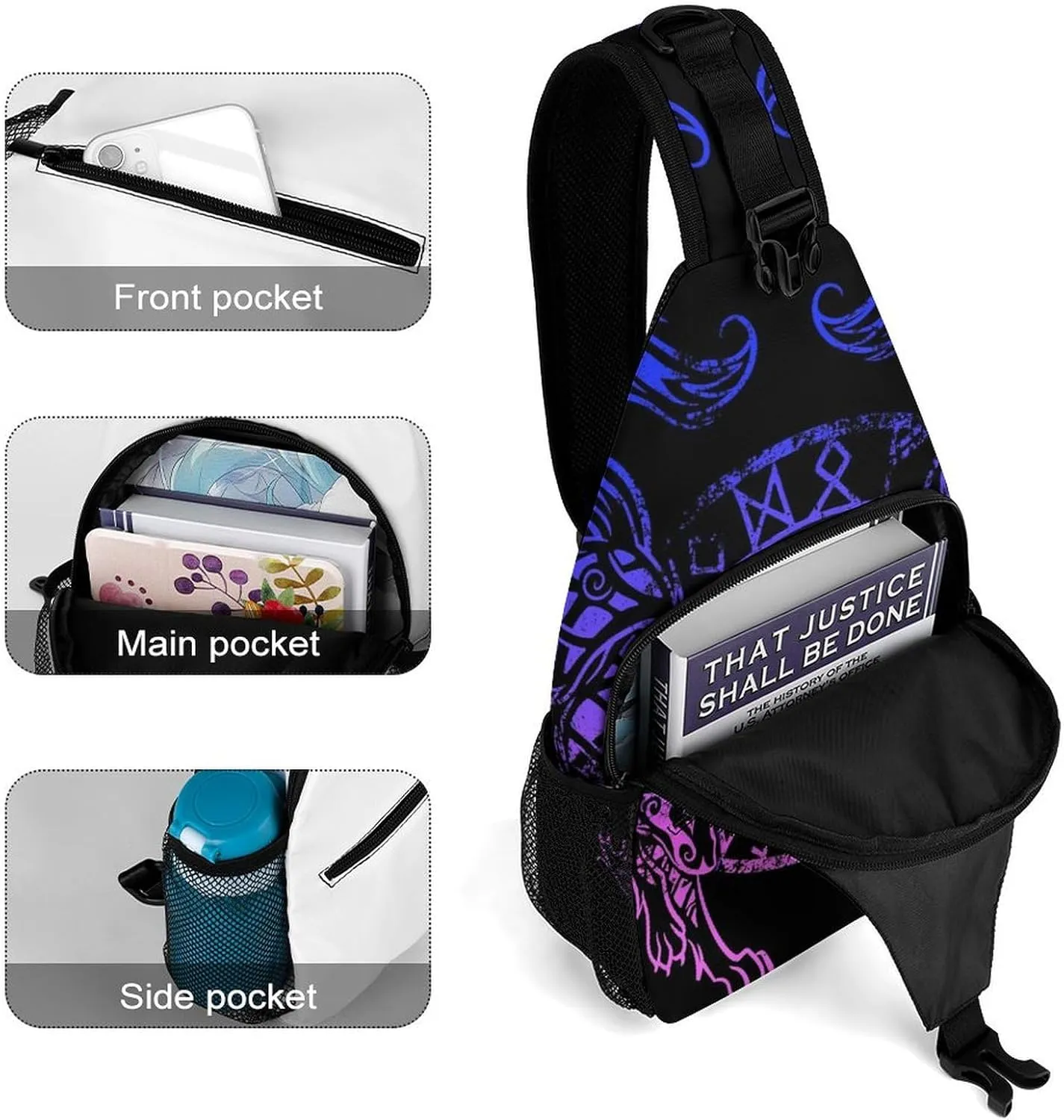 Casual Sling Bag Backpack, Rucksack, for Purple Blue Vikings Fenrirs Vegvisir Shoulder Crossbody Bag Chest Pack, Tool Backpak, Satchel Bookbags Travel Rucksack Daypack for Man/Women