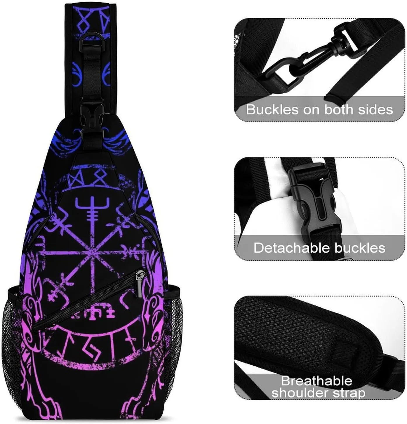 Casual Sling Bag Backpack, Rucksack, for Purple Blue Vikings Fenrirs Vegvisir Shoulder Crossbody Bag Chest Pack, Tool Backpak, Satchel Bookbags Travel Rucksack Daypack for Man/Women